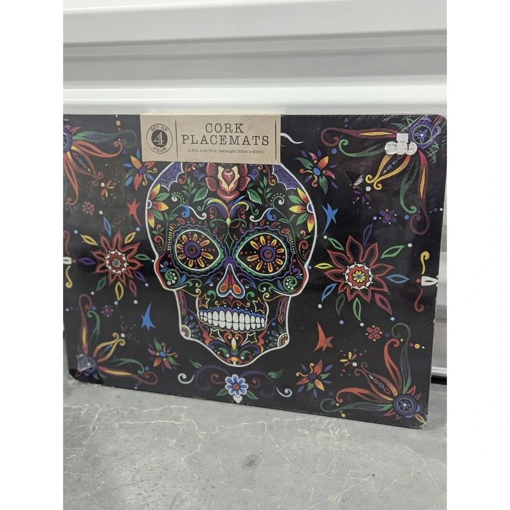 Day of the Dead Sugar Skull Cork Placemats Set of 4 Halloween Goth NIP